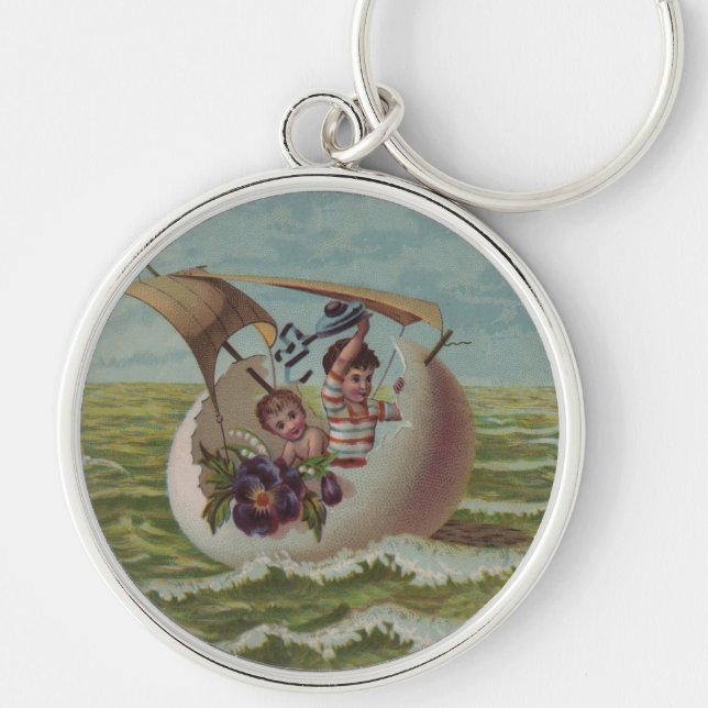 Antique Easter Card Sailing Egg Children Key Ring (Front)