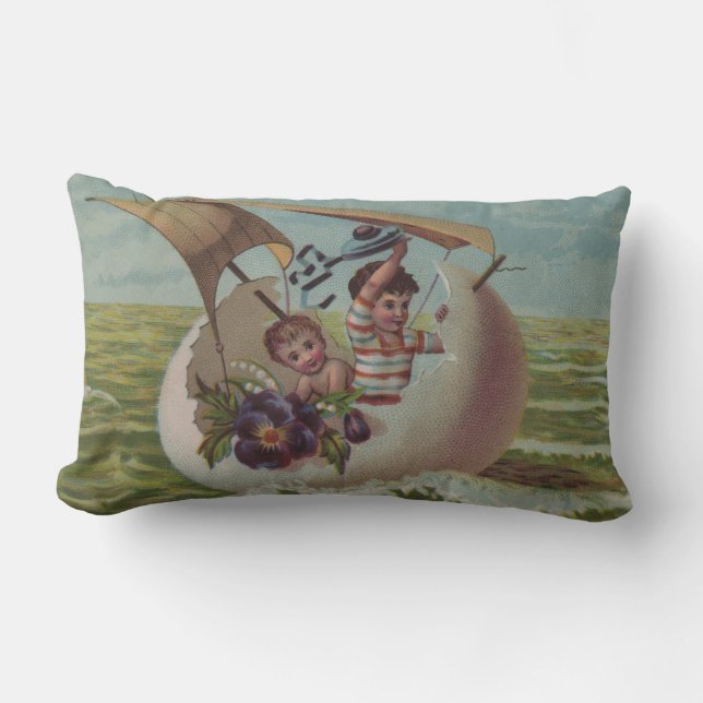 Antique Easter Card Sailing Egg Children Lumbar Cushion (Front)