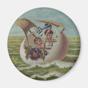 Antique Easter Card Sailing Egg Children Magnet