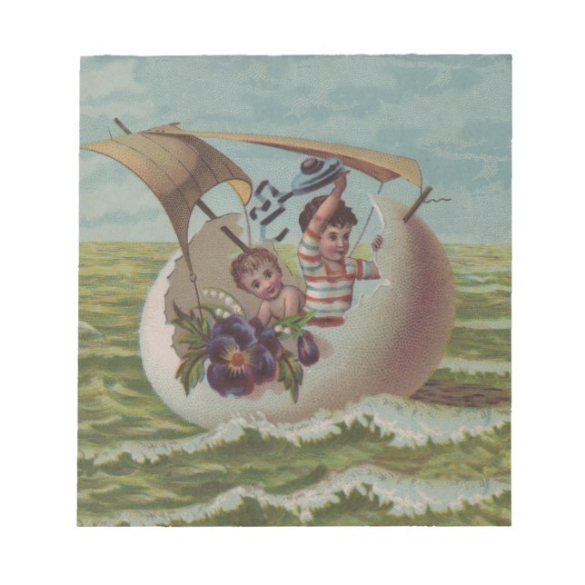 Antique Easter Card Sailing Egg Children Notepad (Front)