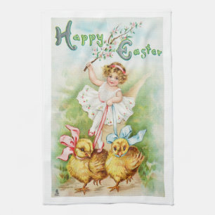 Antique Easter Post Card Victorian Girl Towel