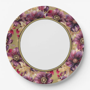 Antique Elegant Gold Burgundy Floralpattern border Paper Plate
