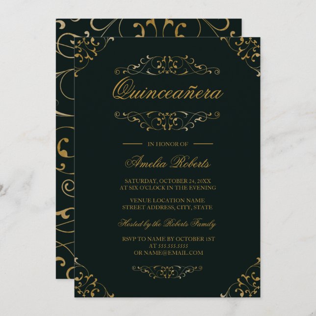 Antique Emerald Gold Flourish Quinceanera Invite (Front/Back)