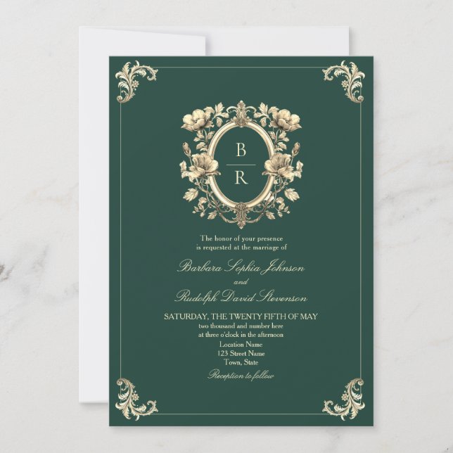 Antique Emerald Green Wedding Invitation (Front)