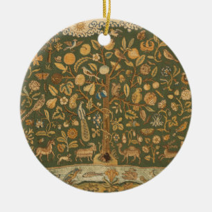 Antique English Needlepoint Tree of Life & Unicorn Ceramic Ornament