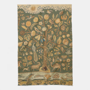 Antique English Needlepoint Tree of Life & Unicorn Tea Towel
