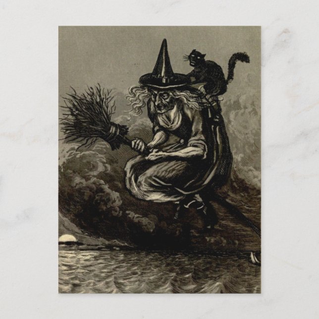 Antique Engraving Witch on Broom Postcard (Front)