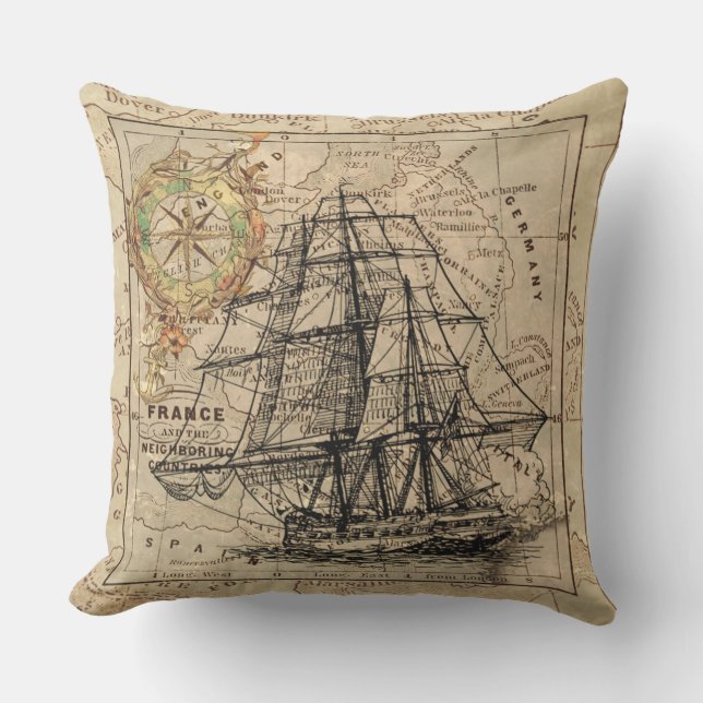 Antique Europe Map Ship Sail Nautical Marine Cushion (Front)