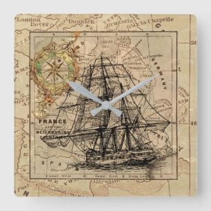 Antique Europe Map Ship Sail Nautical Marine Square Wall Clock