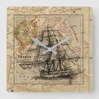 Antique Europe Map Ship Sail Nautical Marine Square Wall Clock