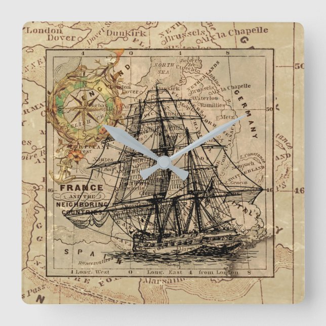 Antique Europe Map Ship Sail Nautical Marine Square Wall Clock (Front)