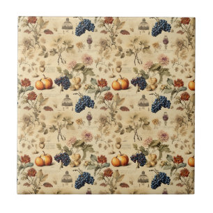 Antique Fall Vineyard Pumpkin Grape Botanical Ceramic Tile