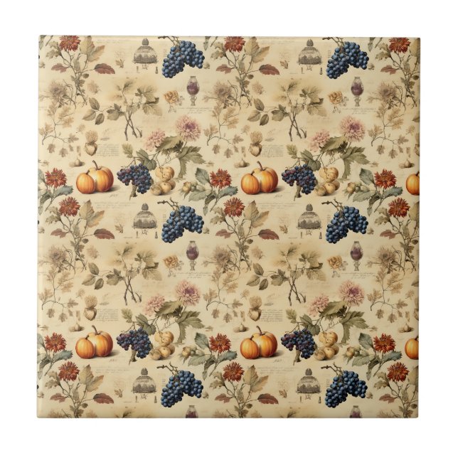 Antique Fall Vineyard Pumpkin Grape Botanical Ceramic Tile (Front)