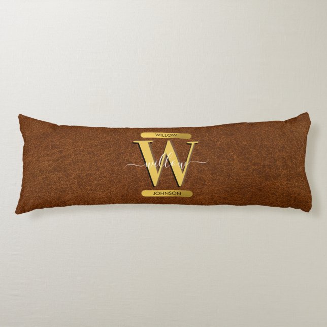 Antique Faux Leather & Gold Monogram Body Cushion (Front)
