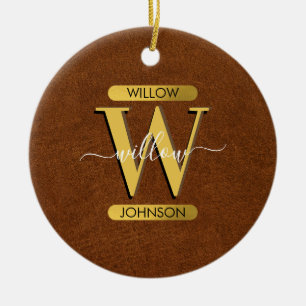Antique Faux Leather & Gold Monogram Ceramic Ornament