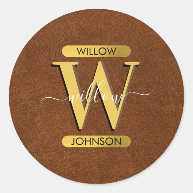 Antique Faux Leather & Gold Monogram Classic Round Sticker (Front)