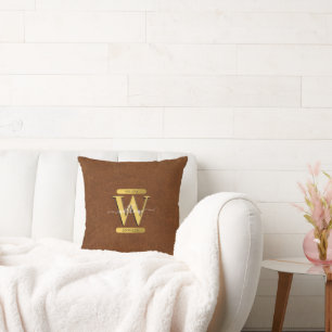 Antique Faux Leather & Gold Monogram Cushion