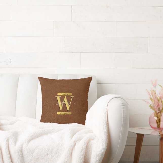Antique Faux Leather & Gold Monogram Cushion (Couch)