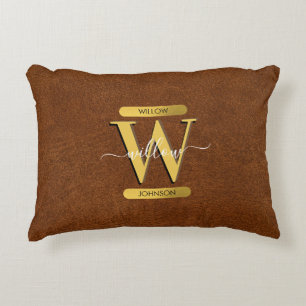Antique Faux Leather & Gold Monogram Decorative Cushion