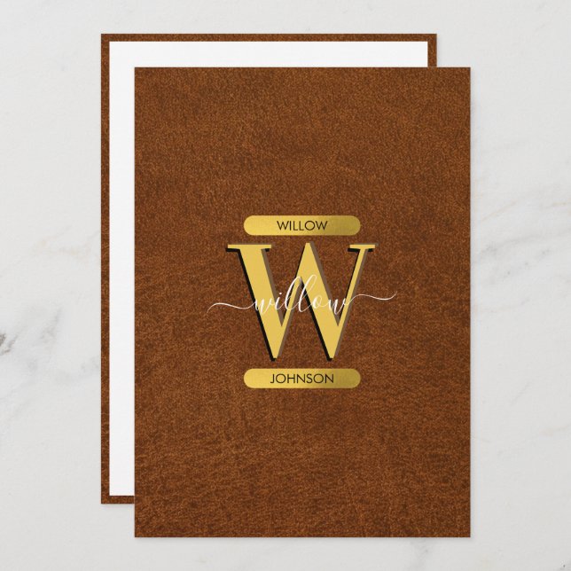 Antique Faux Leather & Gold Monogram Note Card (Front/Back)