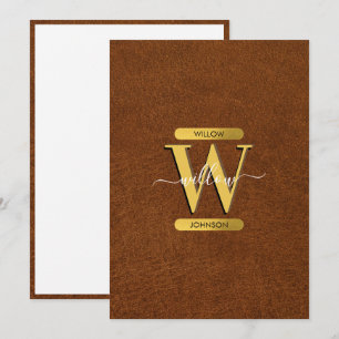 Antique Faux Leather & Gold Monogram Note Card
