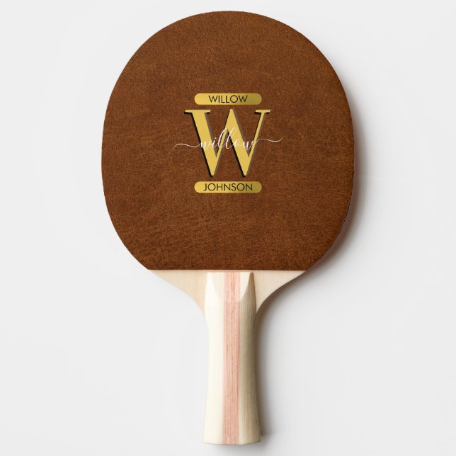 Antique Faux Leather & Gold Monogram  Ping Pong Paddle (Front)