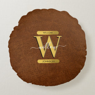 Antique Faux Leather & Gold Monogram Round Cushion