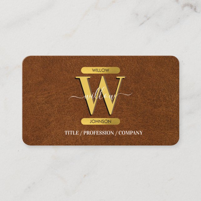 Antique Faux Leather & Gold Monogram Social Media Business Card (Front)
