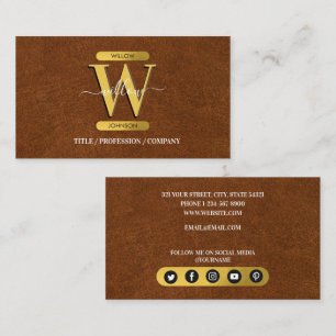 Antique Faux Leather & Gold Monogram Social Media Business Card