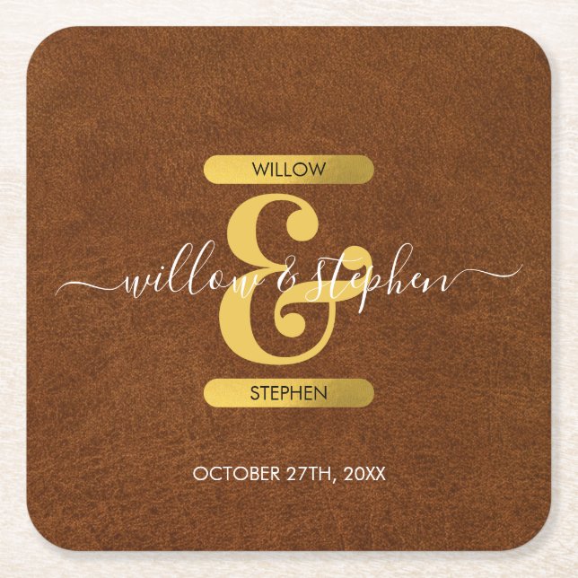 Antique Faux Leather & Gold Monogram Wedding  Square Paper Coaster (Front)