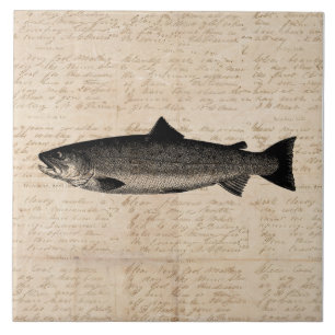 Antique Fishing Art Trout Fish Illustration Script Ceramic Tile