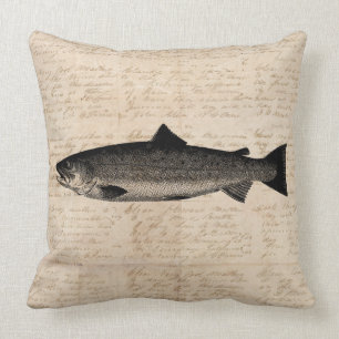 Antique Fishing Art Trout Fish Illustration Script Cushion