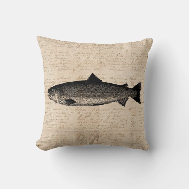 Antique Fishing Art Trout Fish Illustration Script Cushion (Front)