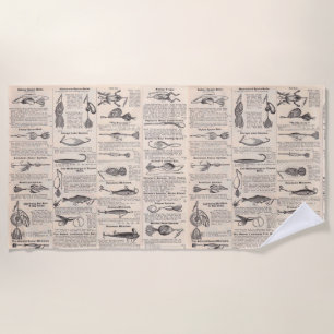 Antique Fishing Lures Catalogue Page Vintage Print Beach Towel