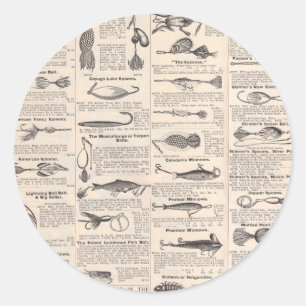 Antique Fishing Lures Catalogue Page Vintage Print Classic Round Sticker