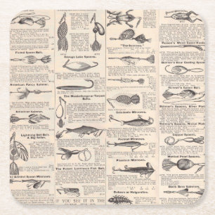 Antique Fishing Lures Catalogue Page Vintage Print Square Paper Coaster