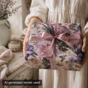 Antique Floral and Butterfly Decoupage, Purple Wrapping Paper Sheet