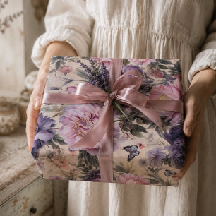 Antique Floral and Butterfly Decoupage, Purple Wrapping Paper Sheet