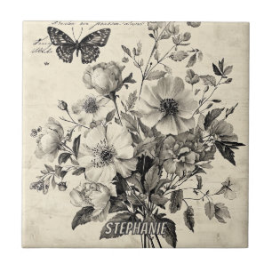 Antique Floral Arrangement - Monochrome Butterfly Ceramic Tile
