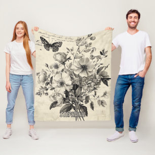 Antique Floral Arrangement - Monochrome Butterfly Fleece Blanket