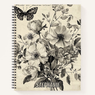 Antique Floral Arrangement - Monochrome Butterfly Notebook