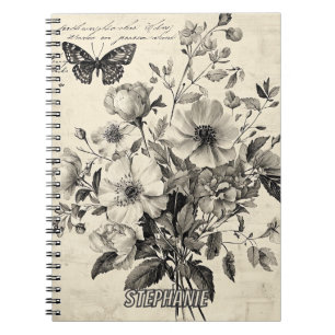 Antique Floral Arrangement - Monochrome Butterfly Notebook