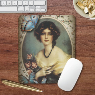 Antique Floral butterfly parisian girl victorian Mouse Pad