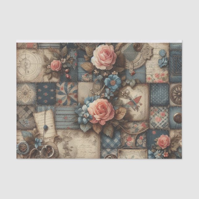 Antique Floral Denim Patchwork Decoupage Print Tissue Paper (Front)