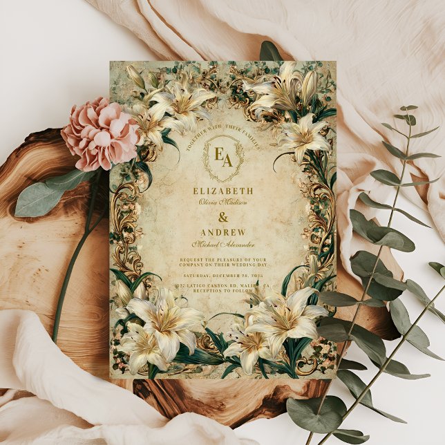 Antique Floral Frame Ivory Lily Wedding Invitation (Creator Uploaded)