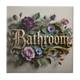 Antique Floral Gold Bathroom Door Sign Ceramic Tile