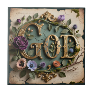 Antique Floral Gold GOD Script Plaque Ceramic Tile