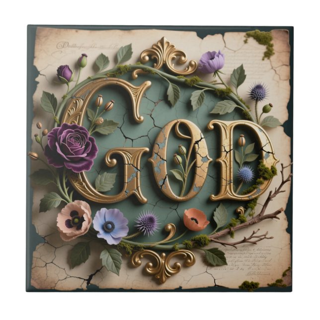 Antique Floral Gold GOD Script Plaque Ceramic Tile (Front)