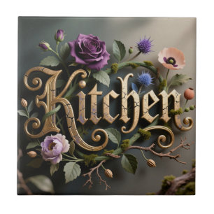 Antique Floral Gold Kitchen Decor Sign Ceramic Tile