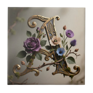 Antique Floral Gold Letter A Monogram Ceramic Tile